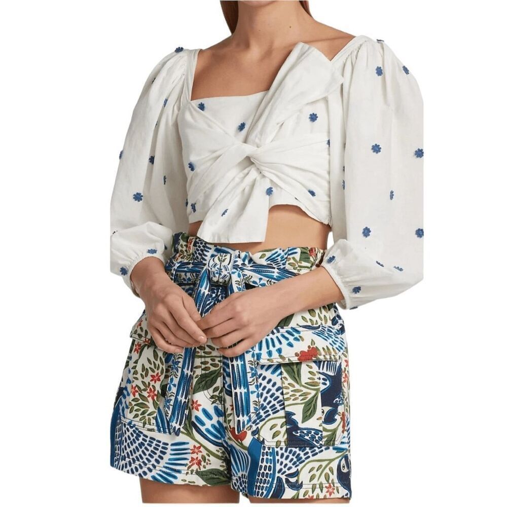 FARM Rio Off White Crop Top With Ballon Long Sleeves & Embroidered Flowers Size